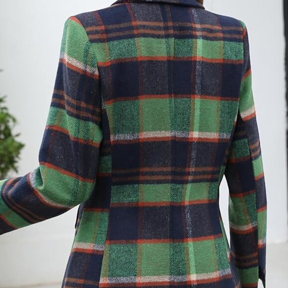 Women's Lapel Collar Plaid 2 Button Blue Green Plaid Blazer Suit Houndstooth - Picture 4 of 5